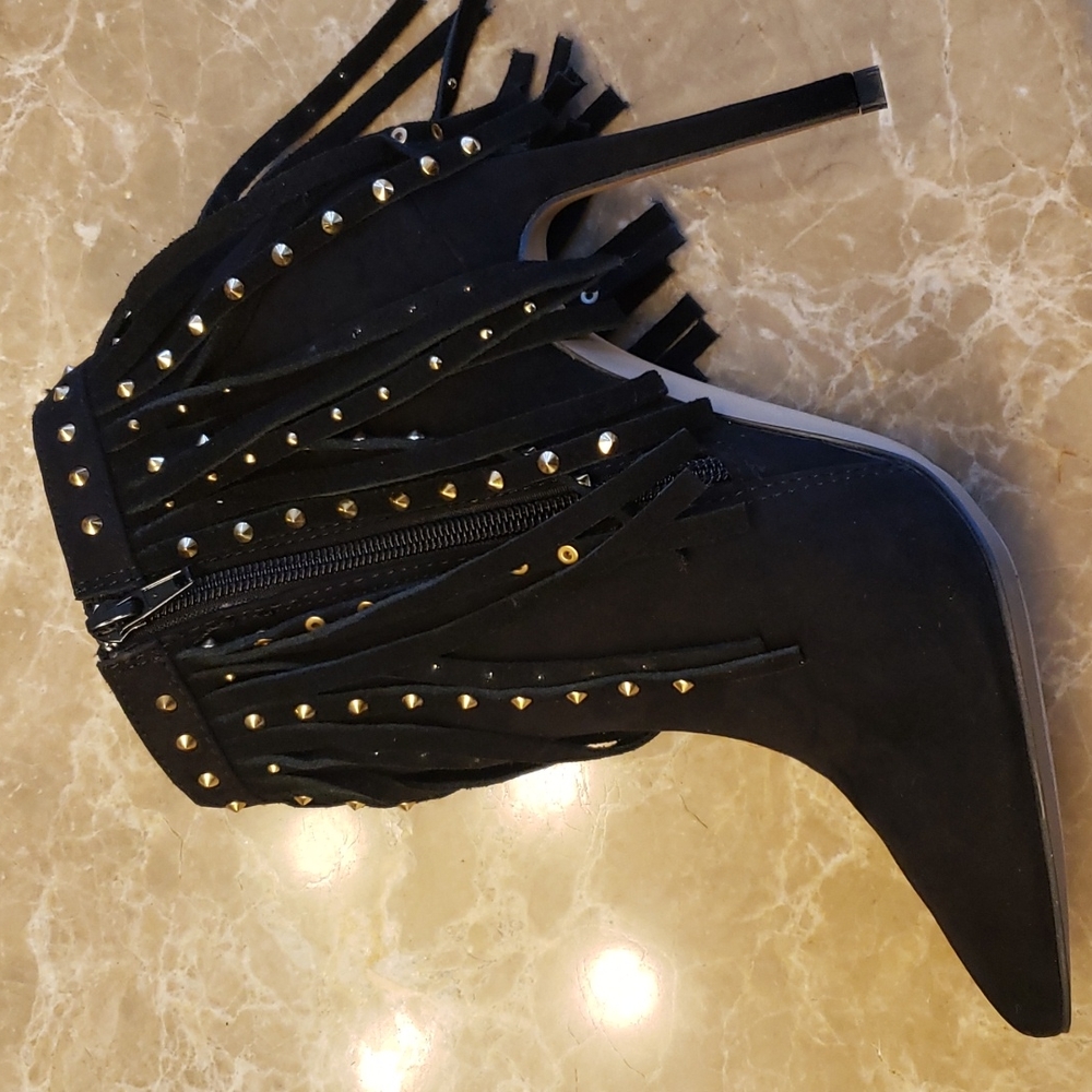 Express black micro suede cowhide fringed w gold-embellished ankle booti… - Picture 11 of 16